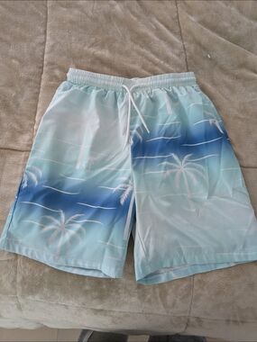 Boys Light Blue Gradient Palm-Print Swim Trunks with Drawstring
